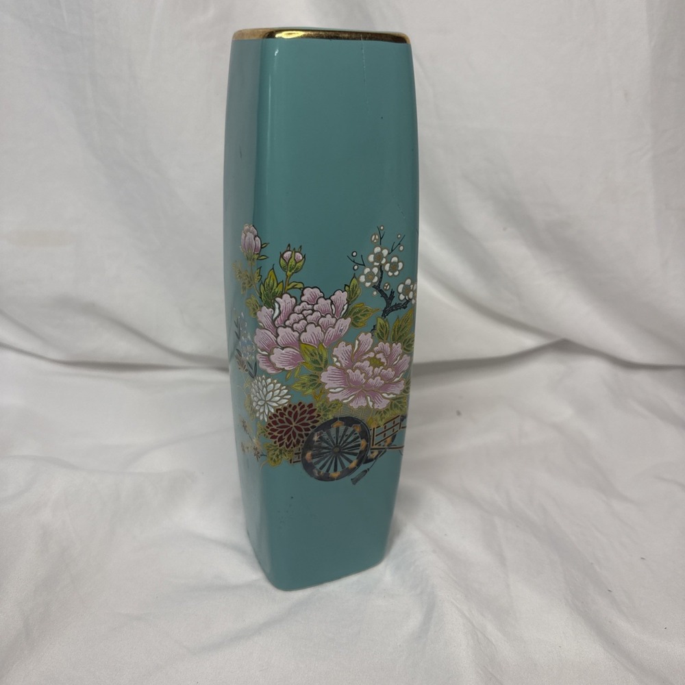 Vintage Teal Cloisonné Kutani Vase Floral Gold Gilt Flower Cart Ceramic Japan 9"